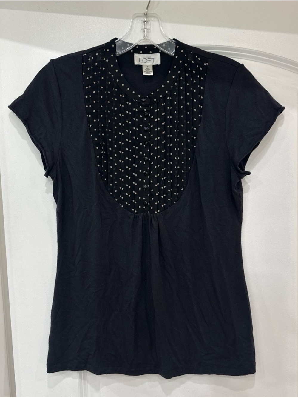 LOFT Black Short Sleeve Polka Dot Panel Tee